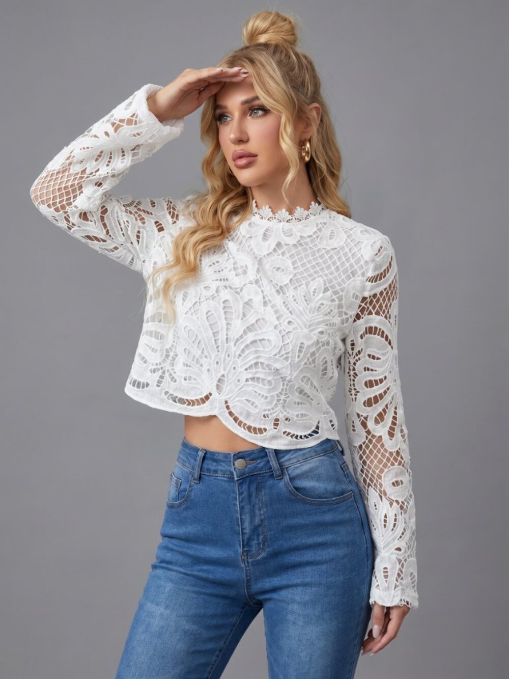 Women Elegant White Lace Crop Top Sheer Long Sleeve Party Blouse Chic - Picture 3 of 5